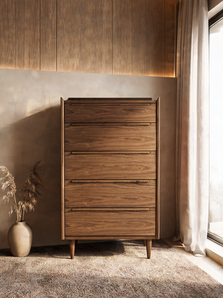 Tate 32" Walnut Wood 5-Drawer Tall Dresser