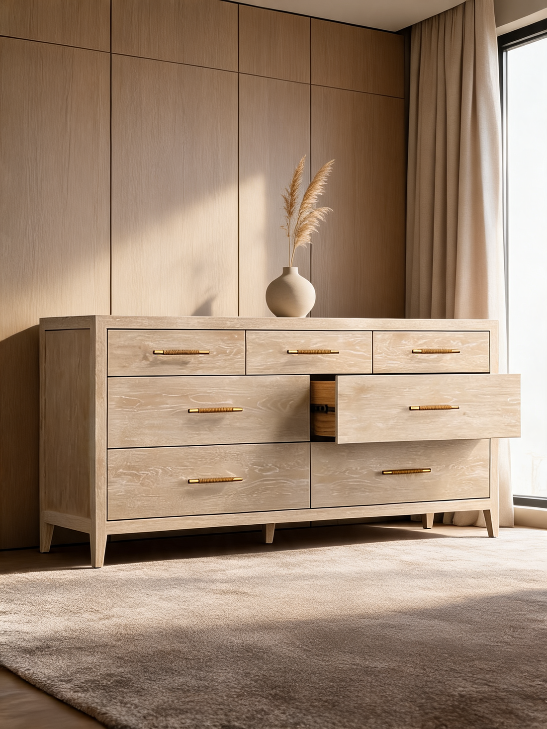 Clairemont 72" Natural Oak Wood 7-Drawer Dresser