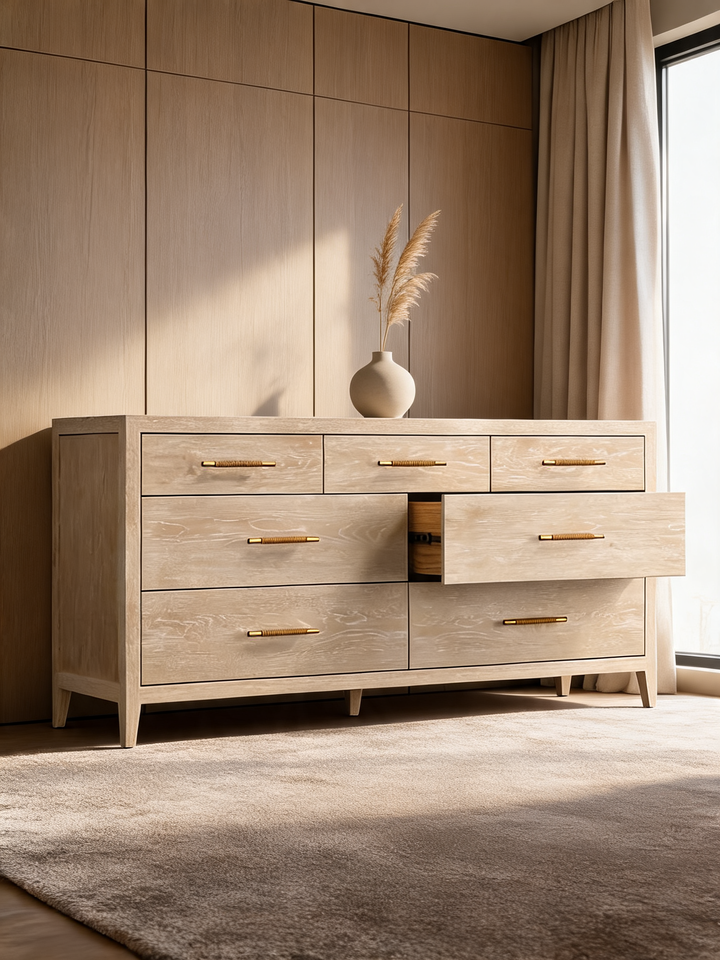 Clairemont 72" Natural Oak Wood 7-Drawer Dresser