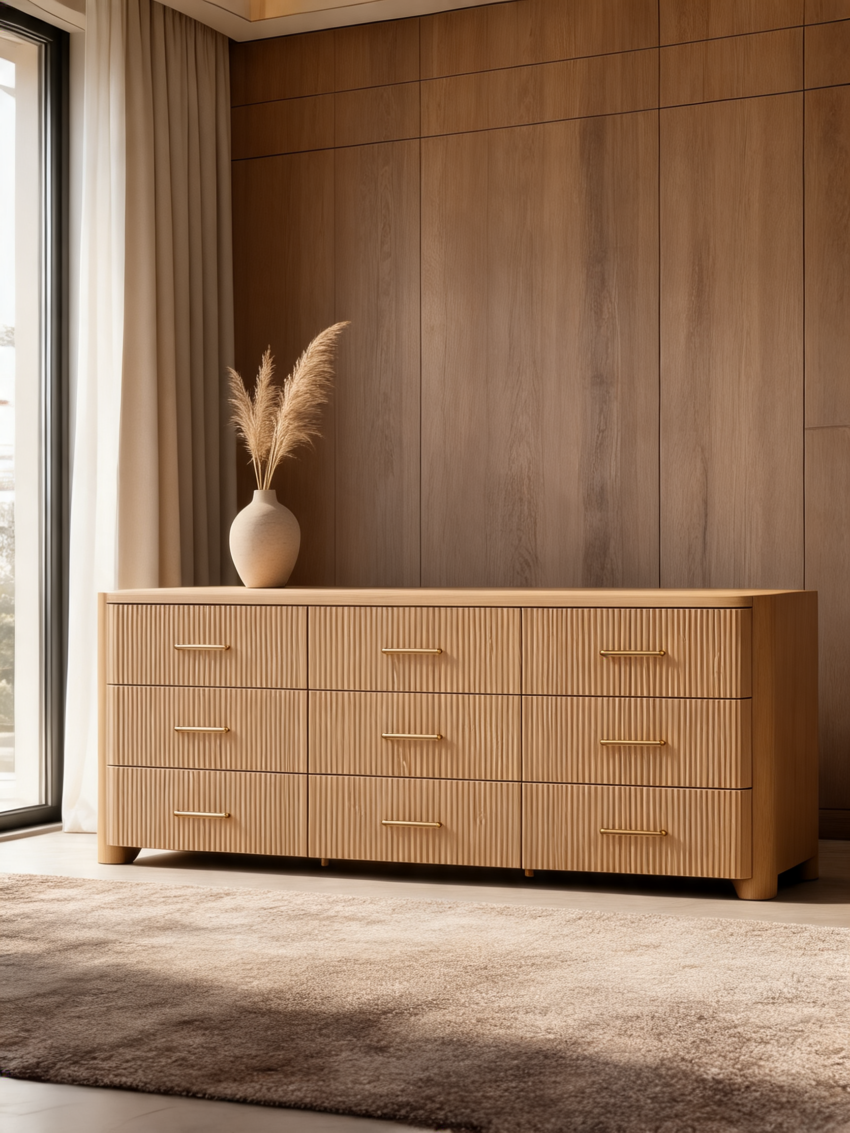 Kensington 78" Natural Oak Wood Fluted 9-Drawer Dresser