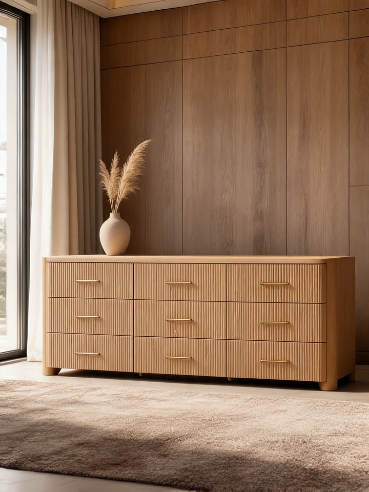 Kensington 78" Natural Oak Wood Fluted 9-Drawer Dresser