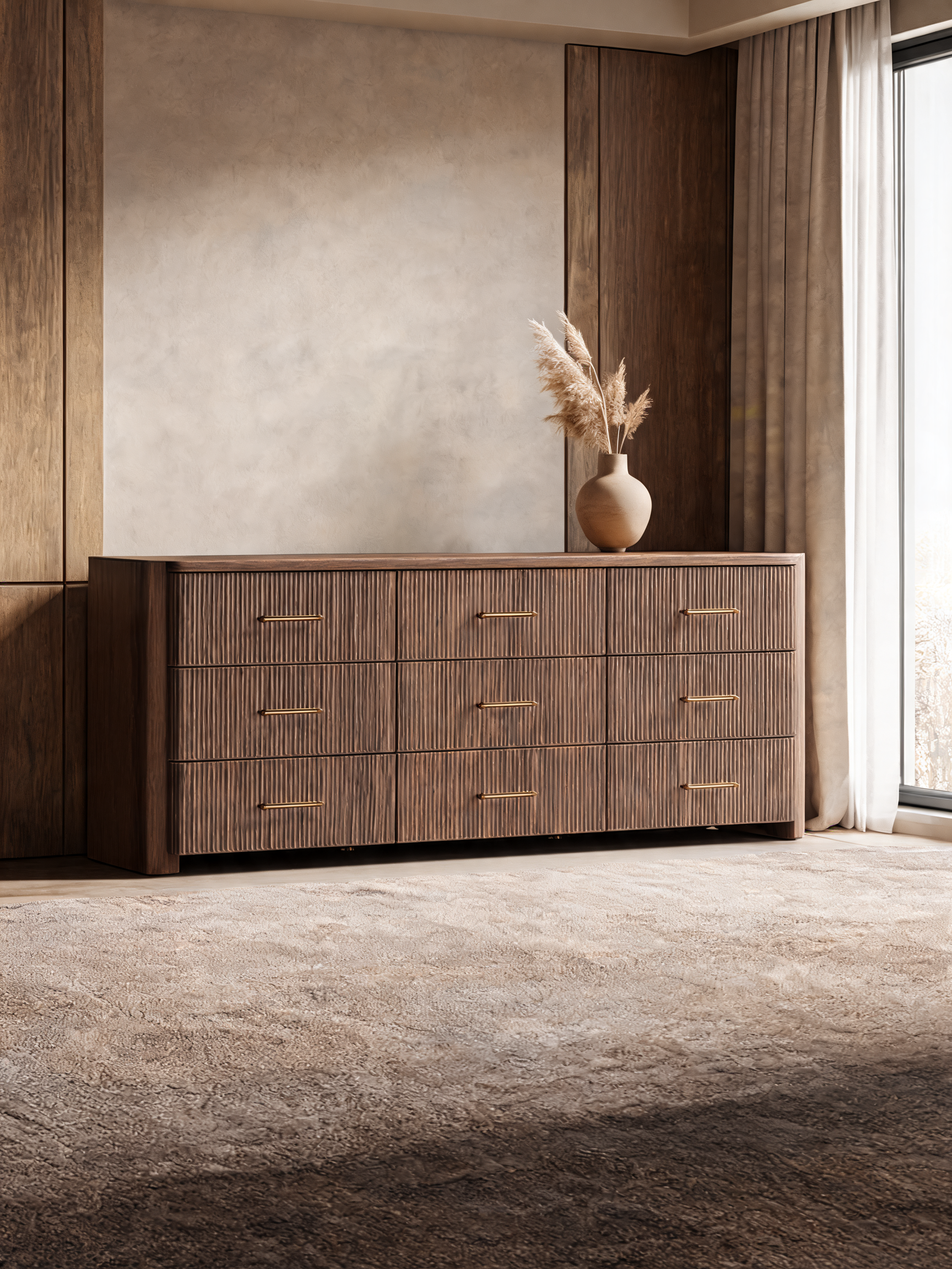 Kensington 78" Natural Oak Wood Fluted 9-Drawer Dresser