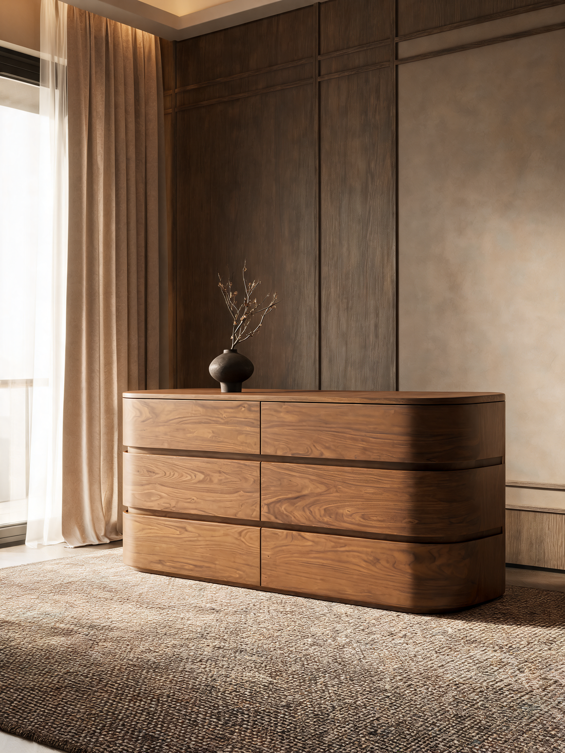 Milano 62" Walnut Wood 6-Drawer Dresser