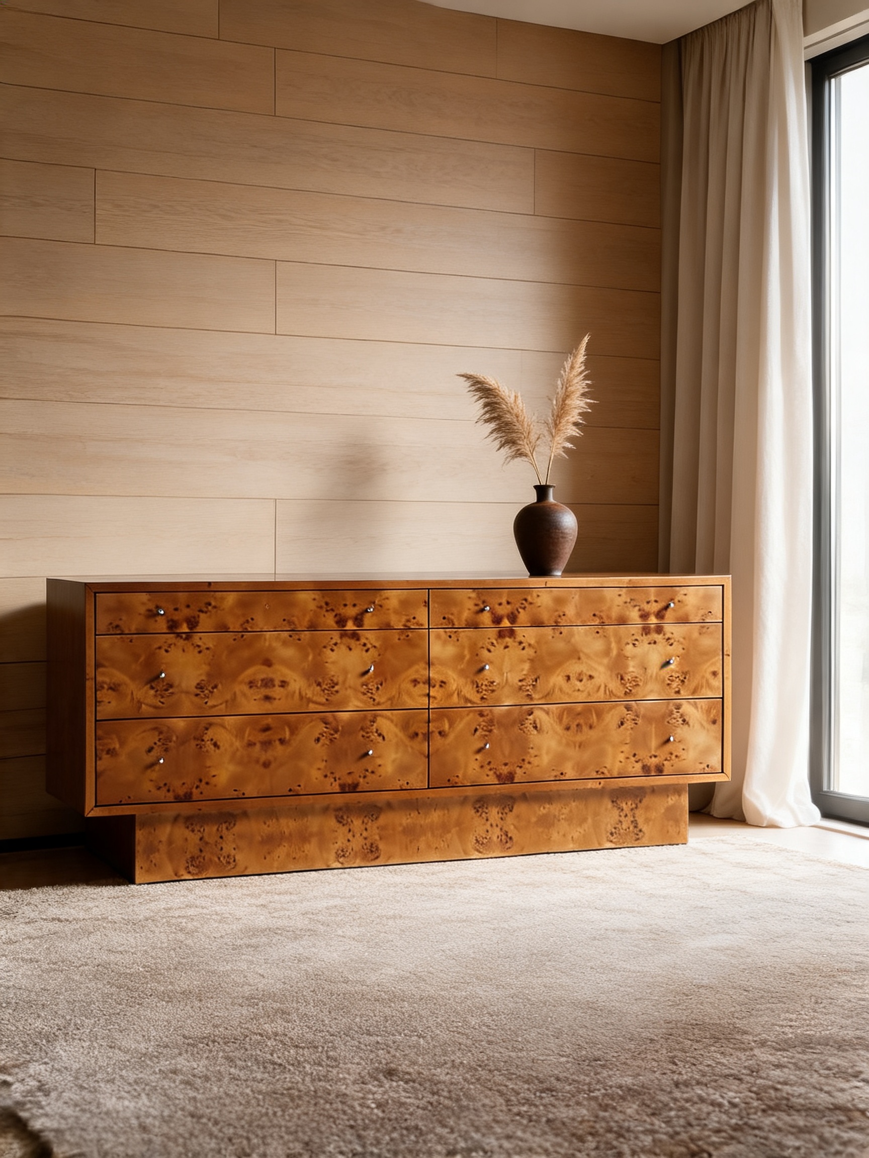 Ambrose 76" Mappa Burl Wood 6-Drawer Dresser