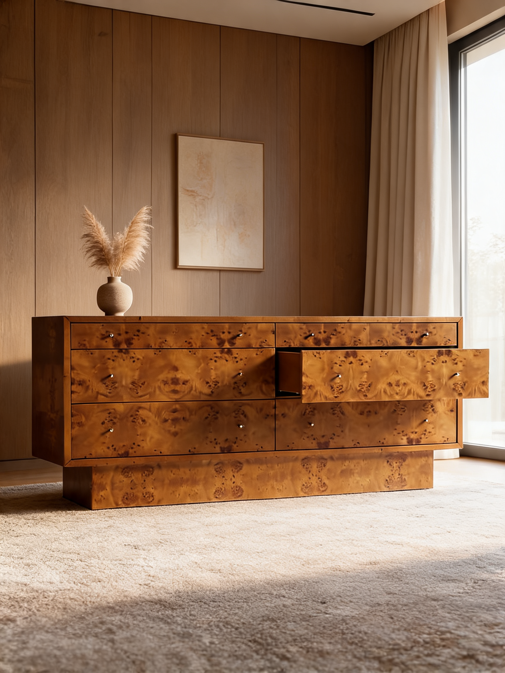 Ambrose 76" Mappa Burl Wood 6-Drawer Dresser