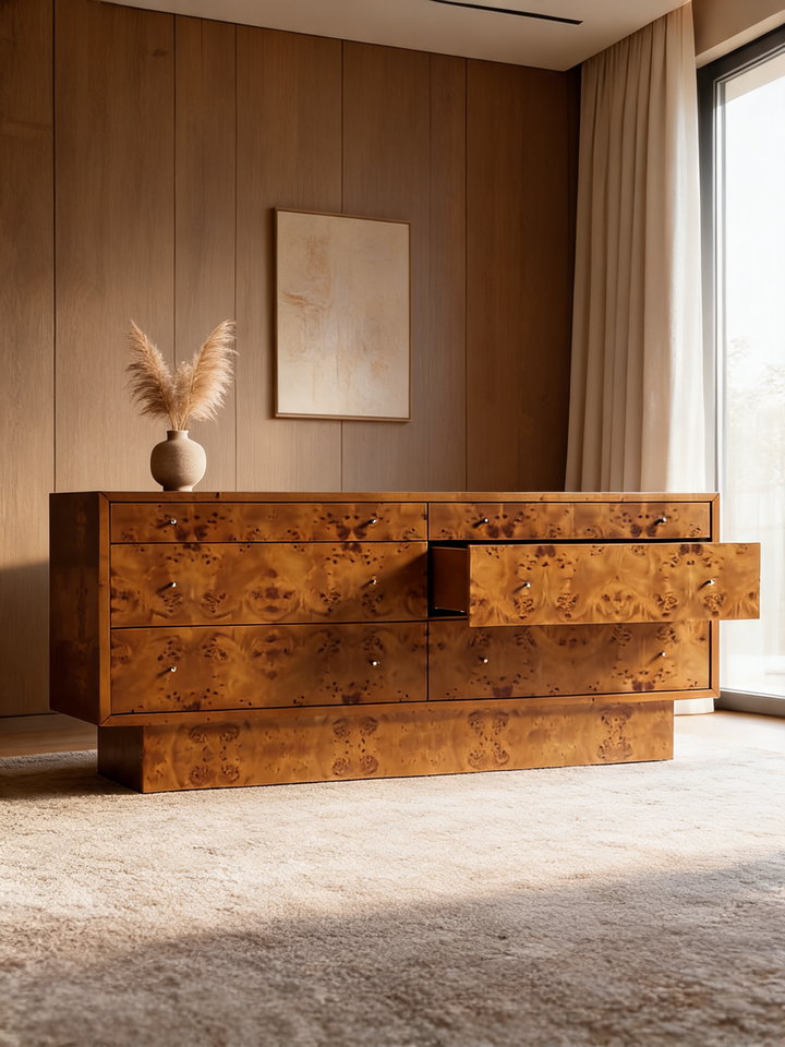 Ambrose 76" Mappa Burl Wood 6-Drawer Dresser